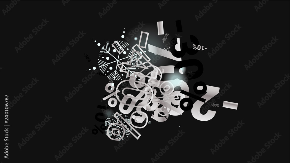 Obraz premium Percent Sings on Dark Background. Black Poster with Silver Percent Sings and Snowflakes. Vector Discount Sale Background.