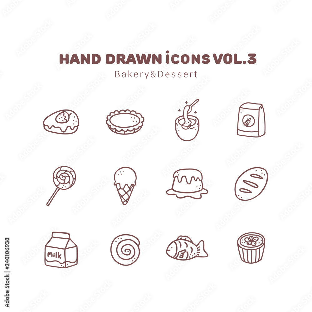 Bakery and Dessert hand drawn outline icons