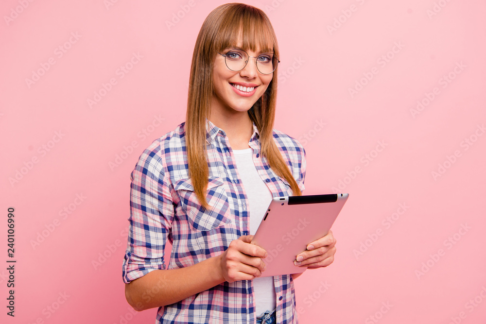 Portrait of nice cute winsome brainy attractive cheerful straigh Portrait of nice cute winsome brainy attractive cheerful straigh