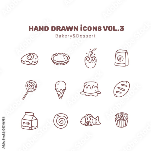 Bakery and Dessert hand drawn outline icons