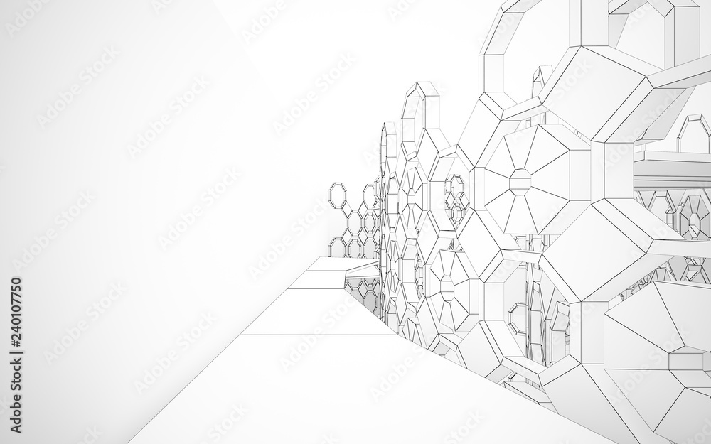 Abstract white interior highlights future. Polygon drawing . Architectural background. 3D illustration and rendering