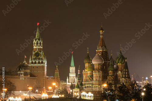 Kremlin tower and St. Basil's Cathedral in the center of Moscow at night