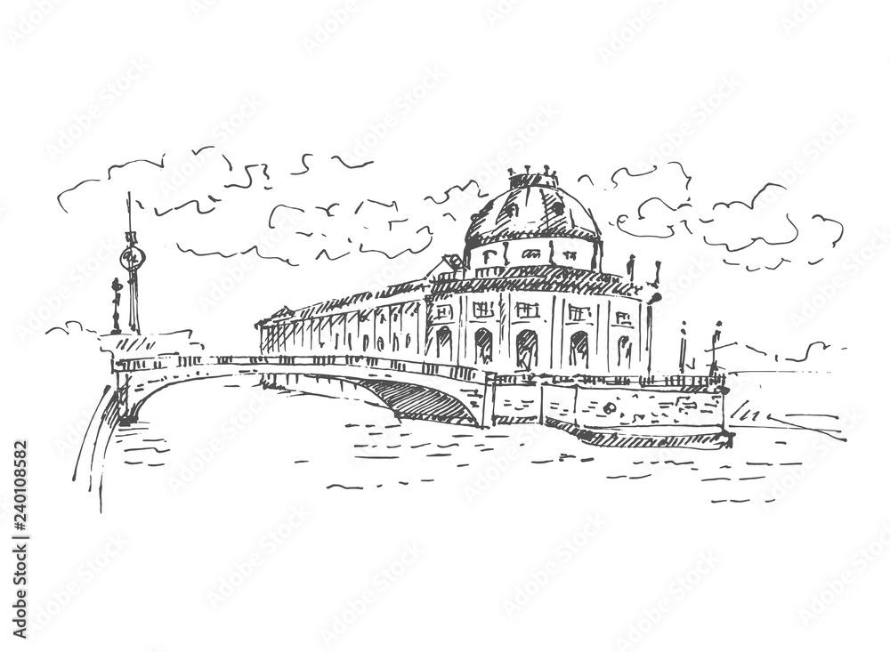 Hand drawn Museum Island in Berlin, German parliament. Berlin landmark, Germany. Vector illustration. Sketch. Vector.