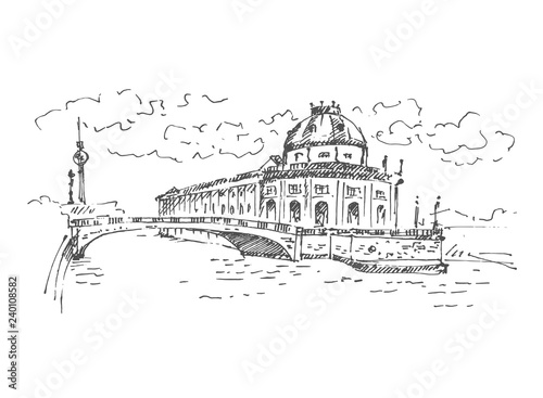 Hand drawn Museum Island in Berlin, German parliament. Berlin landmark, Germany. Vector illustration. Sketch. Vector.