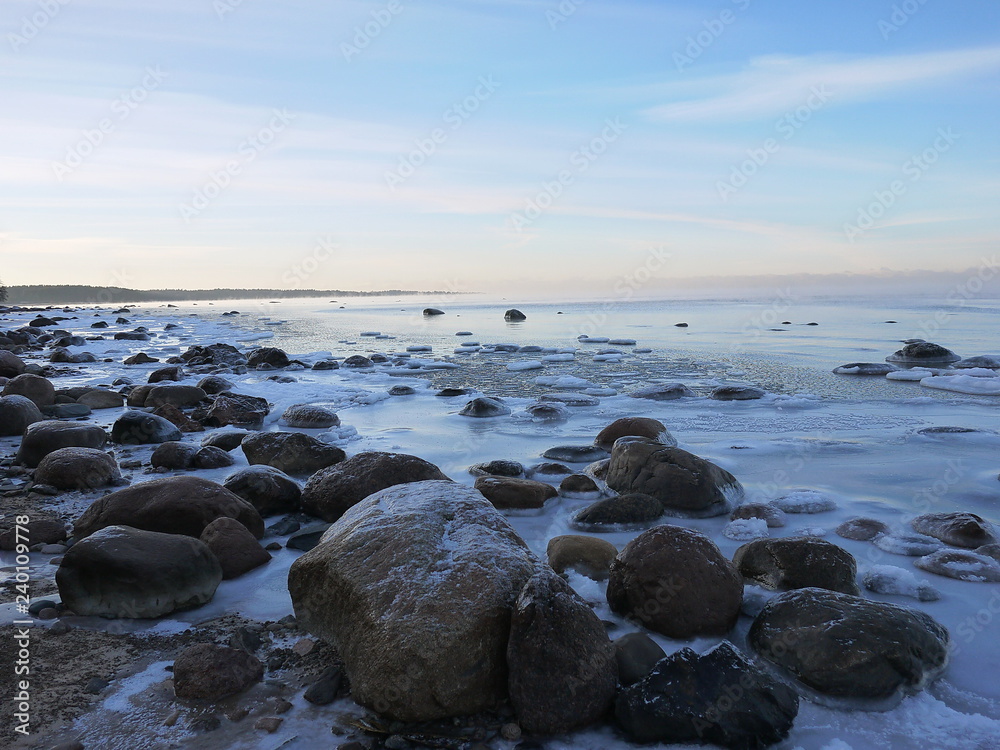 Frosty winter day by the sea