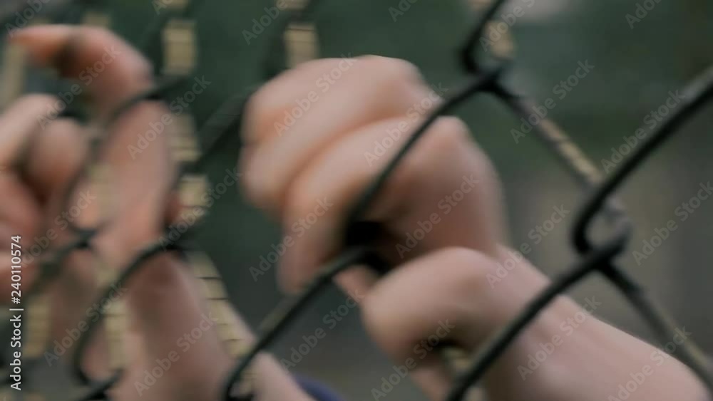 Close-up view of young woman's hands shaking metal mesh at fenced area. Helpless woman shaking a metal fence trying to escape.