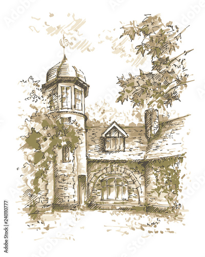 Hand drawn medieval country house. Vector illustration. Sketch. Vector.