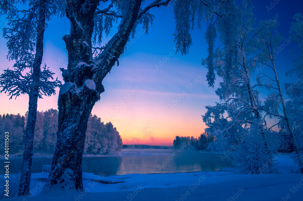 Snowy river view from Kuhmo, Finland. - obrazy, fototapety, plakaty 