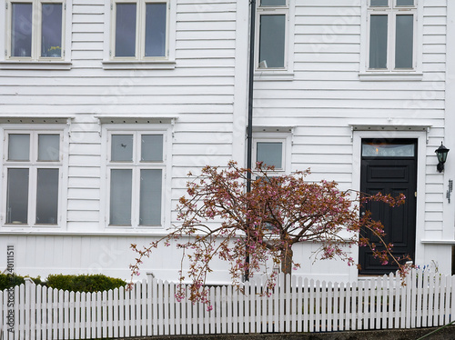 The facade of a wooden, white house in the Scandinavian style, with windows and a dark door. The tree grows at the entrance to the building, behind a small fence