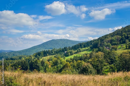 Beautiful rural mountain landscape. Cottages on the hills in the summer scenery.