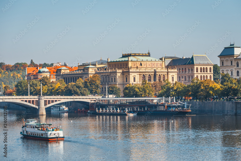 Vltava river and old downtown of Prague, the capital of Czech Republic