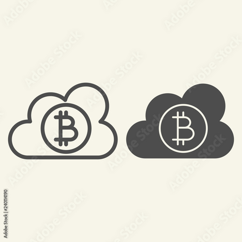 Cloud with bitcoin line and glyph icon. Crypto coin on cloud vector illustration isolated on white. Cryptocurrency mining service outline style design, designed for web and app. Eps 10.