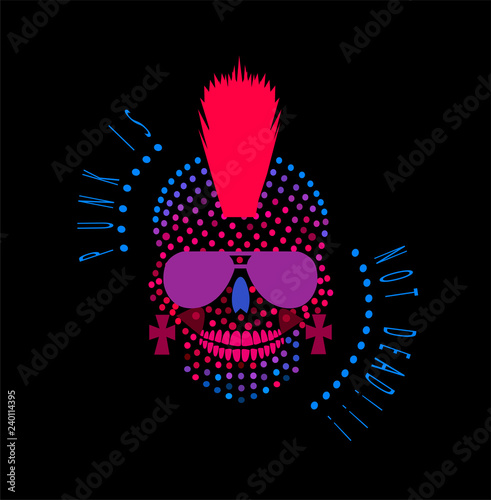 Punk is not dead skull icon logo background halftone purple color.