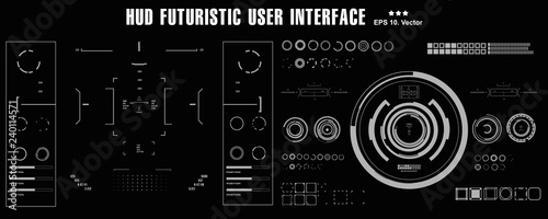 Futuristic black and white HUD, virtual touch user interface in flat design virtual reality technology screen, target