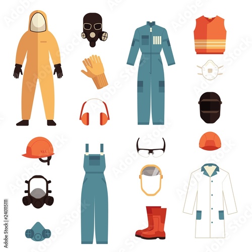 Vector protective uniform and equipment icon. Professional clothing for work in contaminated areas, bio hazard or at dirty manufacturing. Professtional industrial safety wear, isolated illustration