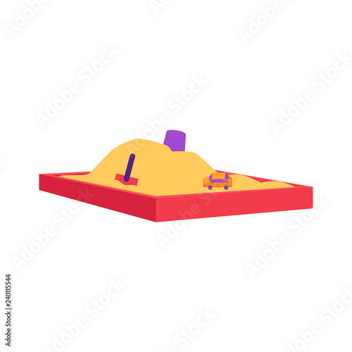 Red sandbox with pile of sand and children toys in flat style isolated on white background - vector illustration of sandpit with kids shovel, bucket and car on pile of yellow powder.