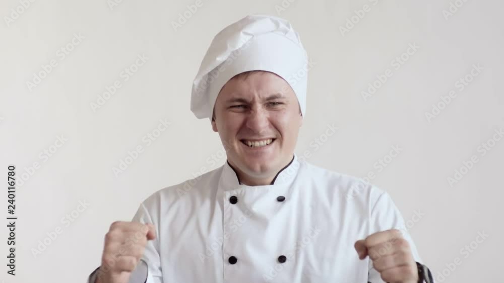 Happy overjoyed white male cook, keeps mouth widely opened and eyes closed, Emotions, occupation Happy overjoyed white male cook, keeps mouth widely opened and eyes closed, Emotions, occupation