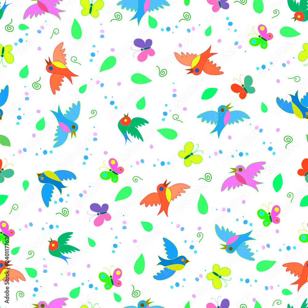 Colorful cute funny cartoon birds and butterflies seamless summer pattern Colorful cute funny cartoon birds and butterflies seamless summer pattern