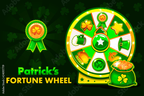 Cartoon Patrick s lucky roulette, spinning fortune wheel. Holiday icons and symbols, vector illustration. Game assets