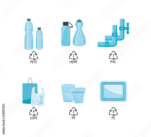 Vector plastics types with recycling mark and product examples. PETE, HDPE, PVC LDPE PP and PS plastics. Water pipe, water bottles, shopping bags food packages. Isolated illustration