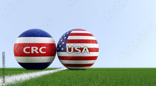 Costa Rica vs. USA Soccer Match - Soccer balls in Costa Rica and USA national colors on a soccer field. Copy space on the right side - 3D Rendering 
