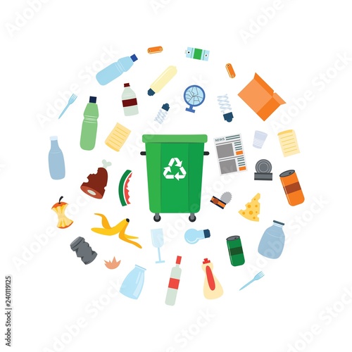 Green trash bin with recycle symbol surrounded by different types of garbage in flat style isolated on white background - vector illustration of reuse and ecology care concept.