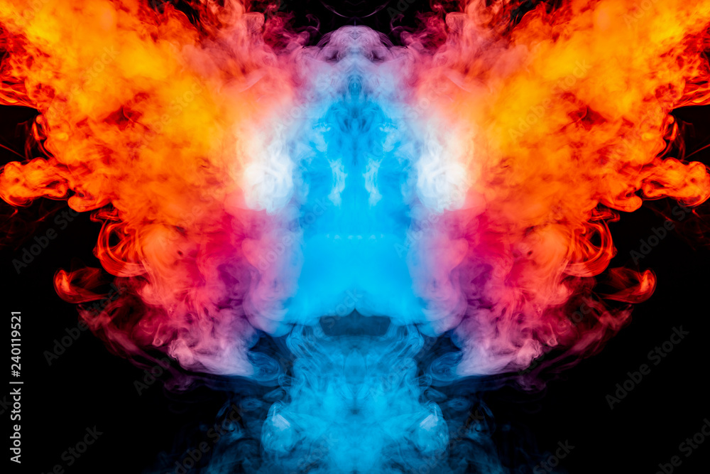 Curling smoke evaporating curls in the form of a spectacular, mystical head, highlighted with blue, red, purple on an isolated black background pattern.