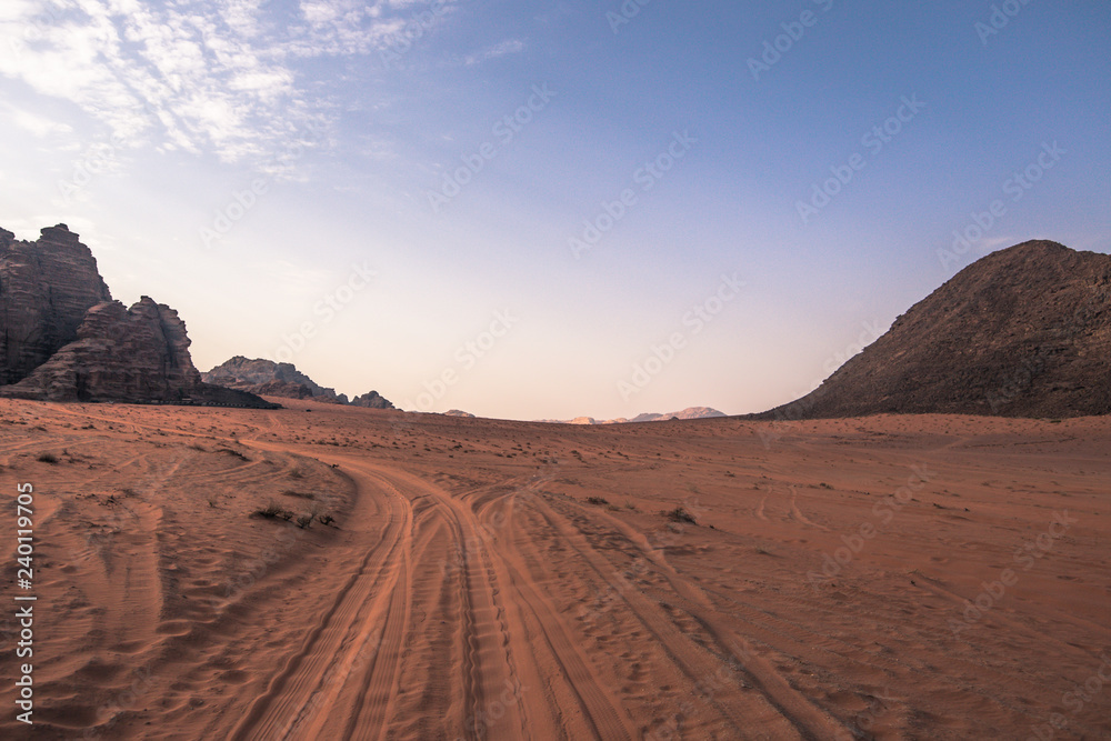 Fototapeta premium Wadi Rum - October 02, 2018: Panoramic view of the Wadi Rum desert, Jordan
