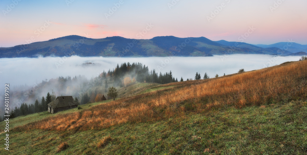 foggy morning in the Carpathian mountains. autumn foggy dawn