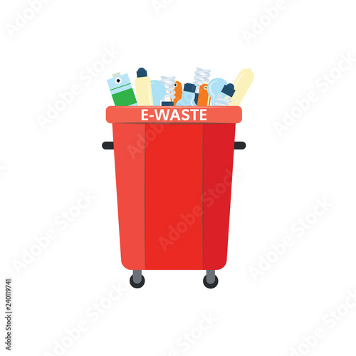 Recycle trash bin for e-waste in flat style isolated on white background - vector illustration of red dumpster full of electronic garbage for separating and sorting rubbish concept.