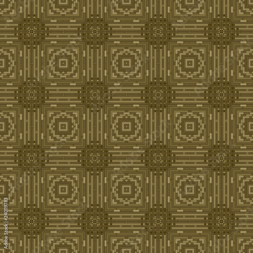 Seamless square pattern from olive geometrical abstract ornaments on a dark background. Vector illustration. Suitable for fabric, wallpaper and wrapping paper