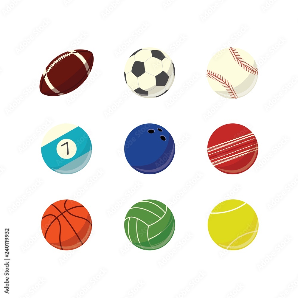 Vector game sport balls simple icon set. Football, basketball babseball rugby tennis bowling sport equipment, sphere game play element. professional championship element. Athletic lifestyle symbol.