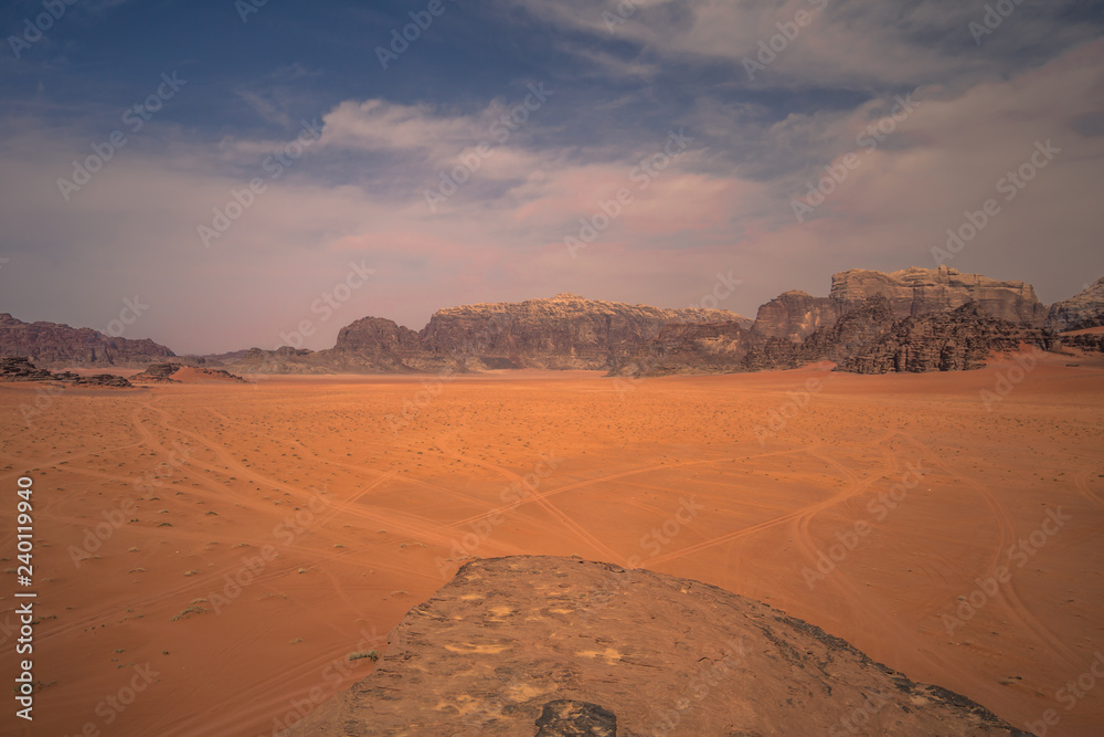 Fototapeta premium Wadi Rum - October 02, 2018: Panoramic view of the landscape of the Wadi Rum desert, Jordan