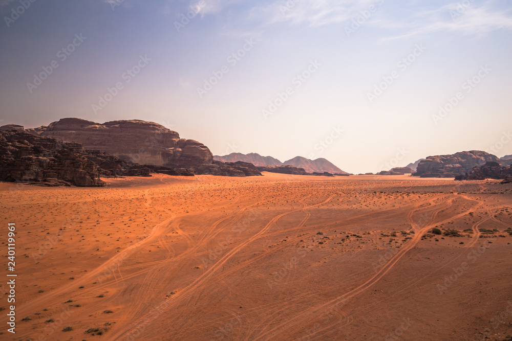 Wadi Rum - October 02, 2018: Panoramic view of the landscape of the Wadi Rum desert, Jordan Wadi Rum - October 02, 2018: Panoramic view of the landscape of the Wadi Rum desert, Jordan