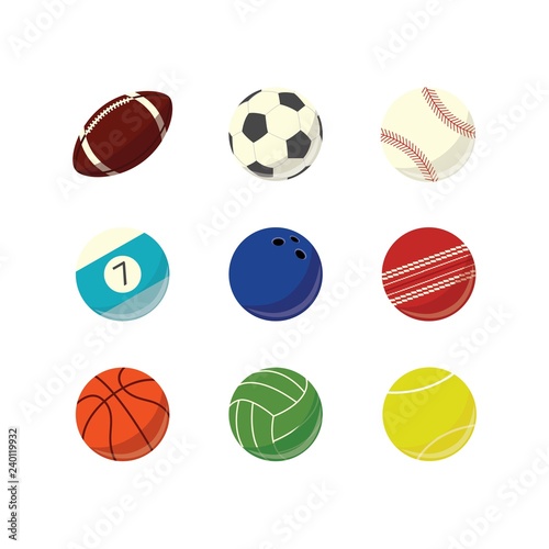 Vector game sport balls simple icon set. Football  basketball babseball rugby tennis bowling sport equipment  sphere game play element. professional championship element. Athletic lifestyle symbol.