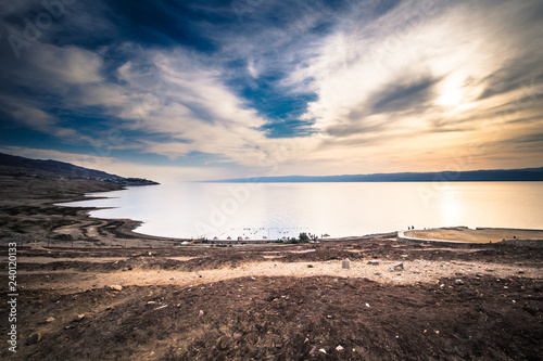 Dead Sea - October 05  2018  Tourists bathing in the salty Dead Sea  Jordan