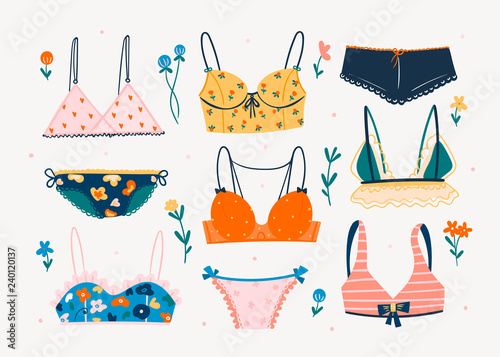Various lingerie and flowers. Hand drawn colored vector set. All elements are isolated