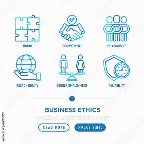 Business ethics thin line icons set: union, commitment, relationship, responsibility, gender employment, reliability. Vector illustration.