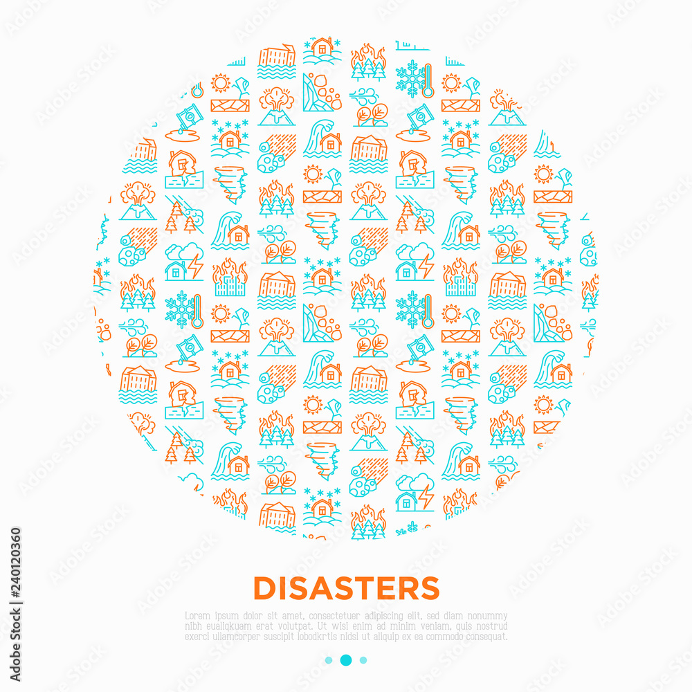 Disasters concept in circle with thin line icons: earthquake, tsunami, tornado, hurricane, flood, landslide, drought, snowfall, eruption, thunderstorm, avalanche. Vector illustration for print media. Disasters concept in circle with thin line icons: earthquake, tsunami, tornado, hurricane, flood, landslide, drought, snowfall, eruption, thunderstorm, avalanche. Vector illustration for print media.