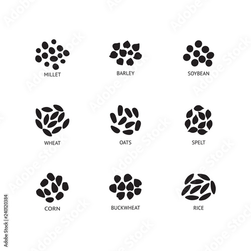 Vector wheat ears, oats or barley seeds, grains black silhouette icon. Organic food, harvest cereal for agricultural product design. Natural heatlhy food full of vitamins and nutritions illustration