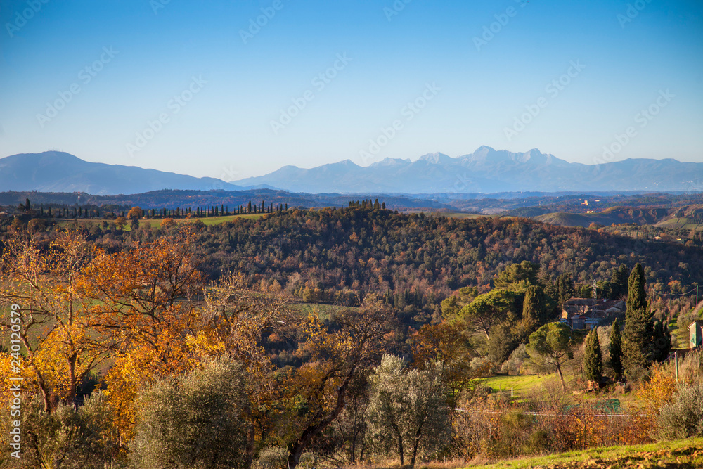 Toscana, campagna e Alpi Apuane sullo sfondo.