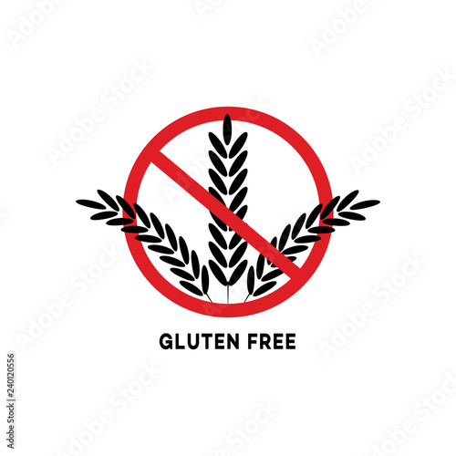 Vector gluten free sign with wheat ears, oats or barley black silhouette in red crossed circle icon. Organic food for dieting eating. harvest cereal for agricultural product design illustration
