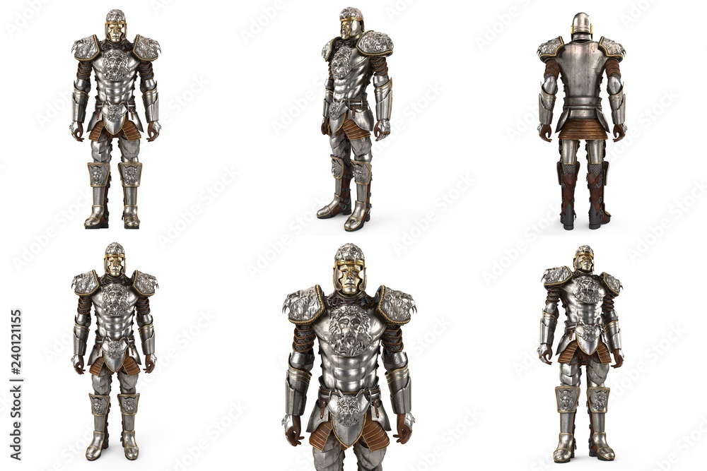 Fototapeta premium A lion full body armor suit isolated against white background. 3d illustration