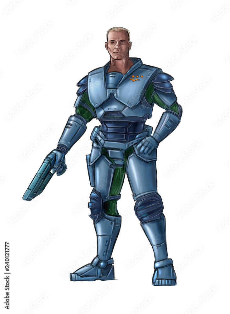 Concept art digital painting or illustration of science fiction futuristic military soldier character in armor holding pistol gun weapon. Concept art digital painting or illustration of science fiction futuristic military soldier character in armor holding pistol gun weapon.
