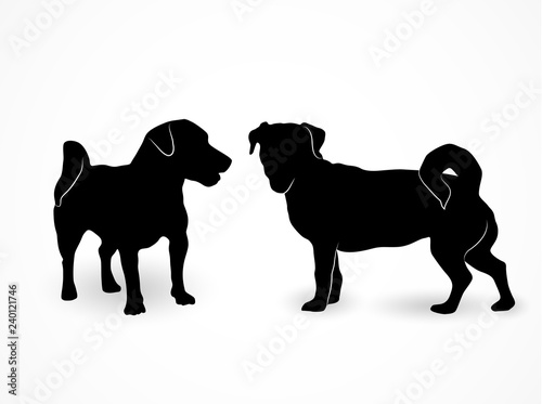Silhouette of two small standing dogs Jack Russell Terrier. A front and side view of the pets isolated on white background.