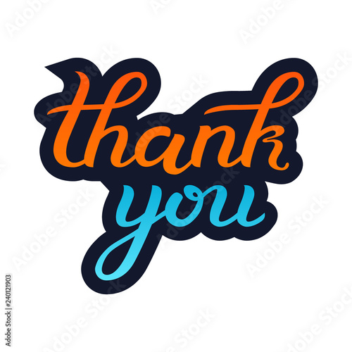 Thank You handwritten inscription. Hand drawn lettering. Thank You calligraphy. Thank you card. Vector illustration, sticker. Orange and blue colours.