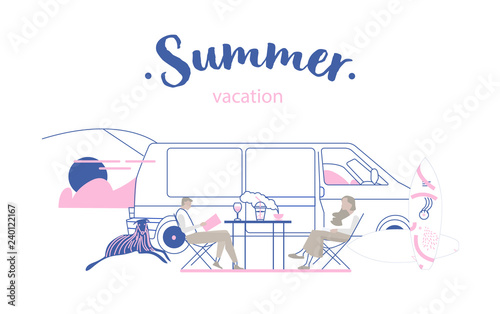 Young people on road trip on a summer's day. Hipster friends sitting camper van with a dog and surfboards. Vector flat concept illustration on the theme of summer vacation on beach featuring retro bus