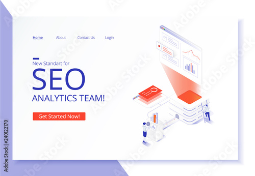 Creative website template design. SEO analytics team landing page. Vector isometric illustration concept of search engine optimization, analysis, chart, people. Modern 3d graphic design in flat style