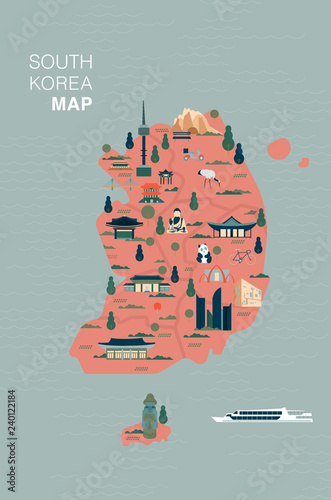 South Korea map vector illustration, flat design. Country navigator branding technology concept, layout. Culture travel set architectures and specialties detailed silhouette. Korean famous landmark.