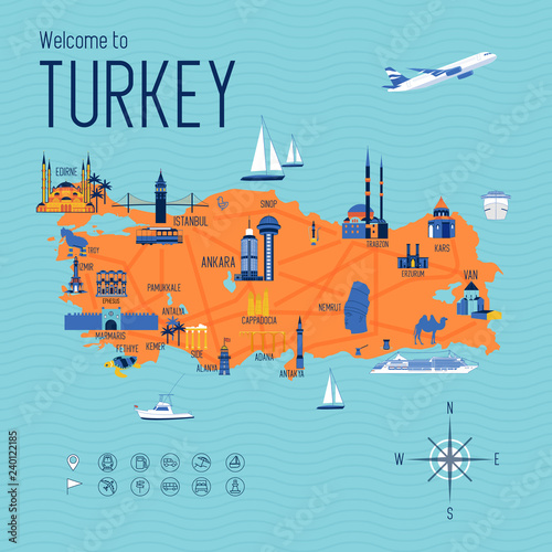 Turkey cartoon travel map vector illustration with landmarks and cities, roadmap.. Postcard concept with the most interesting place for visit. Business travel and tourism concept clipart, icons.